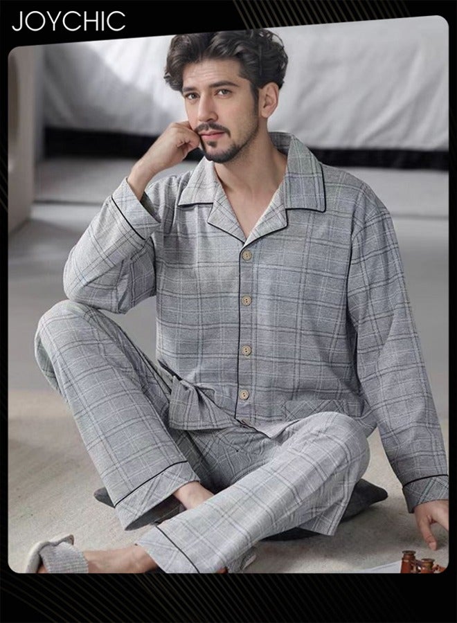 Joychic 2-Piece of Simple Leisure Men Pajamas Set Spring and Autumn Pure Cotton Long-sleeved Loose Neckline Design Cardigan Winter Comfortable Bedroom Sleepwear Grey - Image 1