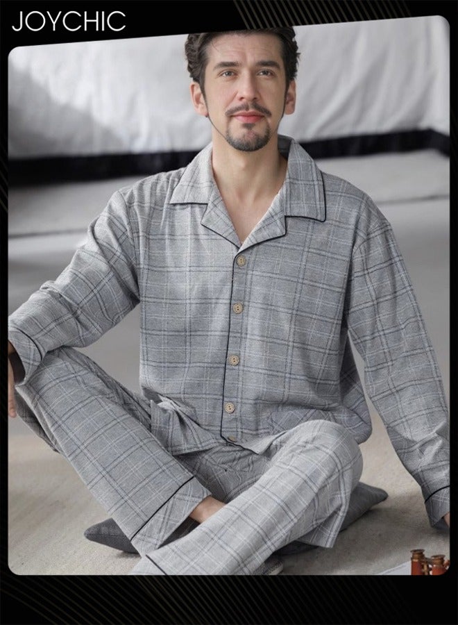 Joychic 2-Piece of Simple Leisure Men Pajamas Set Spring and Autumn Pure Cotton Long-sleeved Loose Neckline Design Cardigan Winter Comfortable Bedroom Sleepwear Grey - Image 2