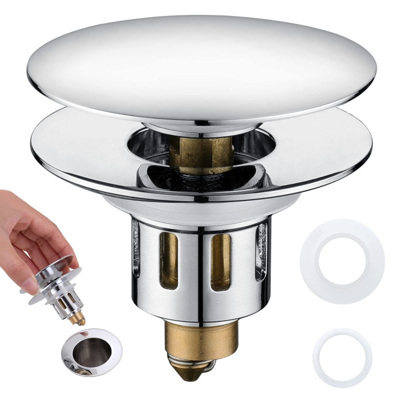 TIORIY Universal Pop-Up Bathroom Sink Stopper - For 1.1~1.5 Inch Wash Basin Drain Strainer Bounce Sink Drain Filter With Hair Catcher Anti Clogging Stainless Steel Sink Plug Chrome - Image 1