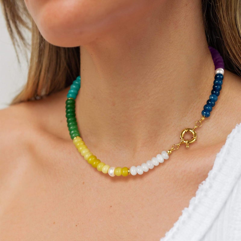 KissYan Beaded Gemstone Necklace for Women, Colorful Boho Bead Choker Natural Stone Surfer Beach Necklaces 14K Gold Plated Summer Handmade Jewelry(B32) - Image 3