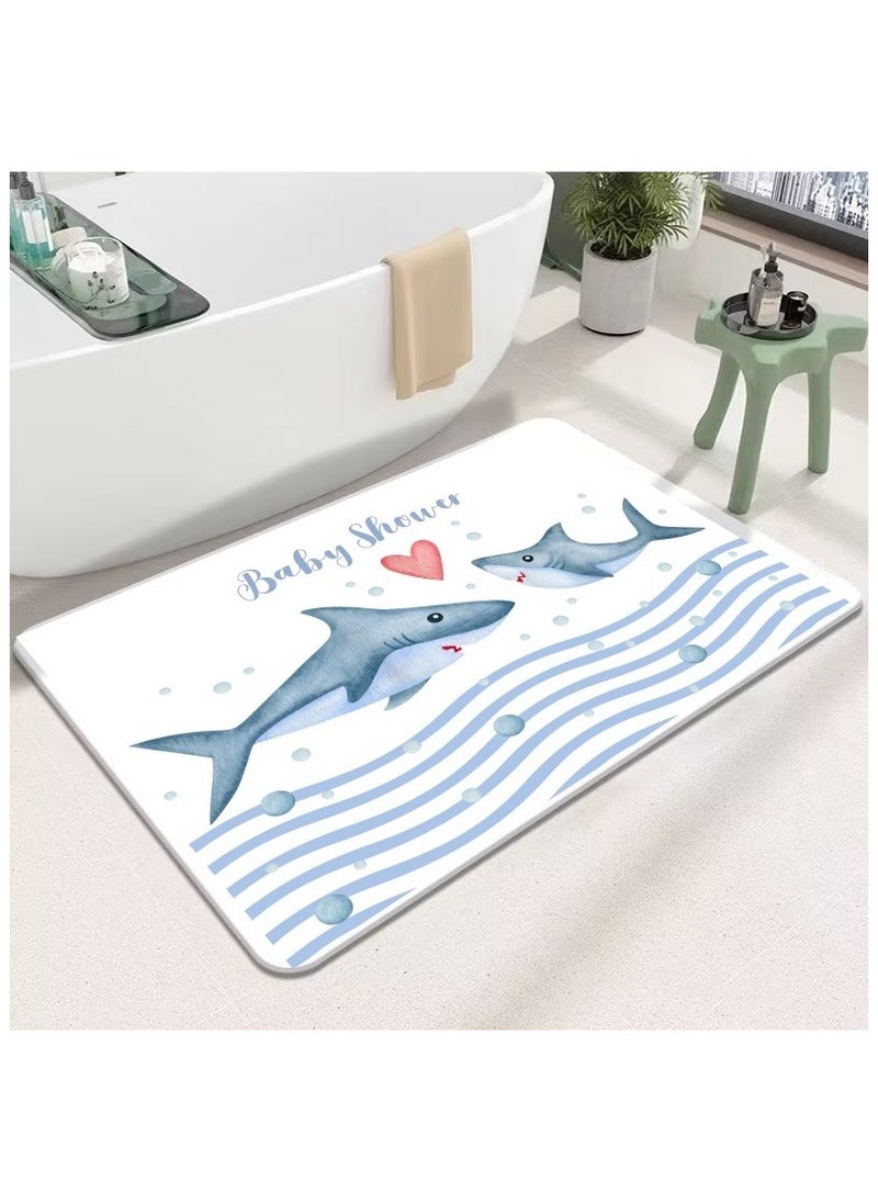 LESTER LESTER Anti-Slip Water Absorbent Bathroom Mat, Quick Drying Bathroom Carpet, Non-Slip Entrance Doormat Diatom Leather Skin Floor Mats Home Decor Set Bathroom Mat rectangle Shape Shark Design Blue and White Color 50x80cm  - Image 1