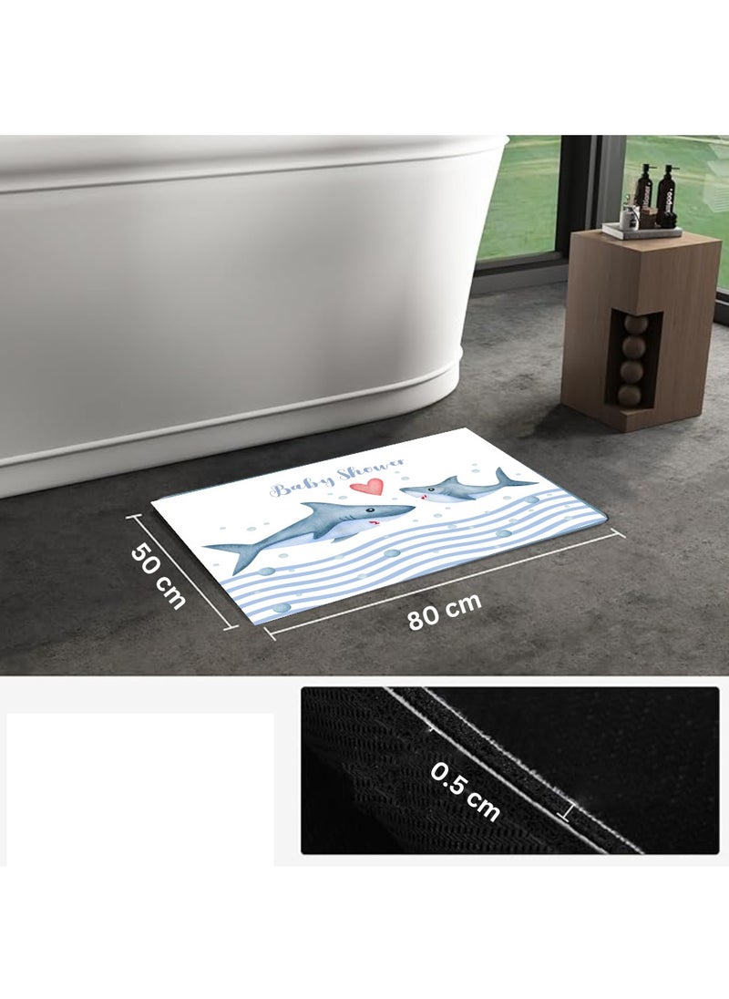 LESTER LESTER Anti-Slip Water Absorbent Bathroom Mat, Quick Drying Bathroom Carpet, Non-Slip Entrance Doormat Diatom Leather Skin Floor Mats Home Decor Set Bathroom Mat rectangle Shape Shark Design Blue and White Color 50x80cm  - Image 2