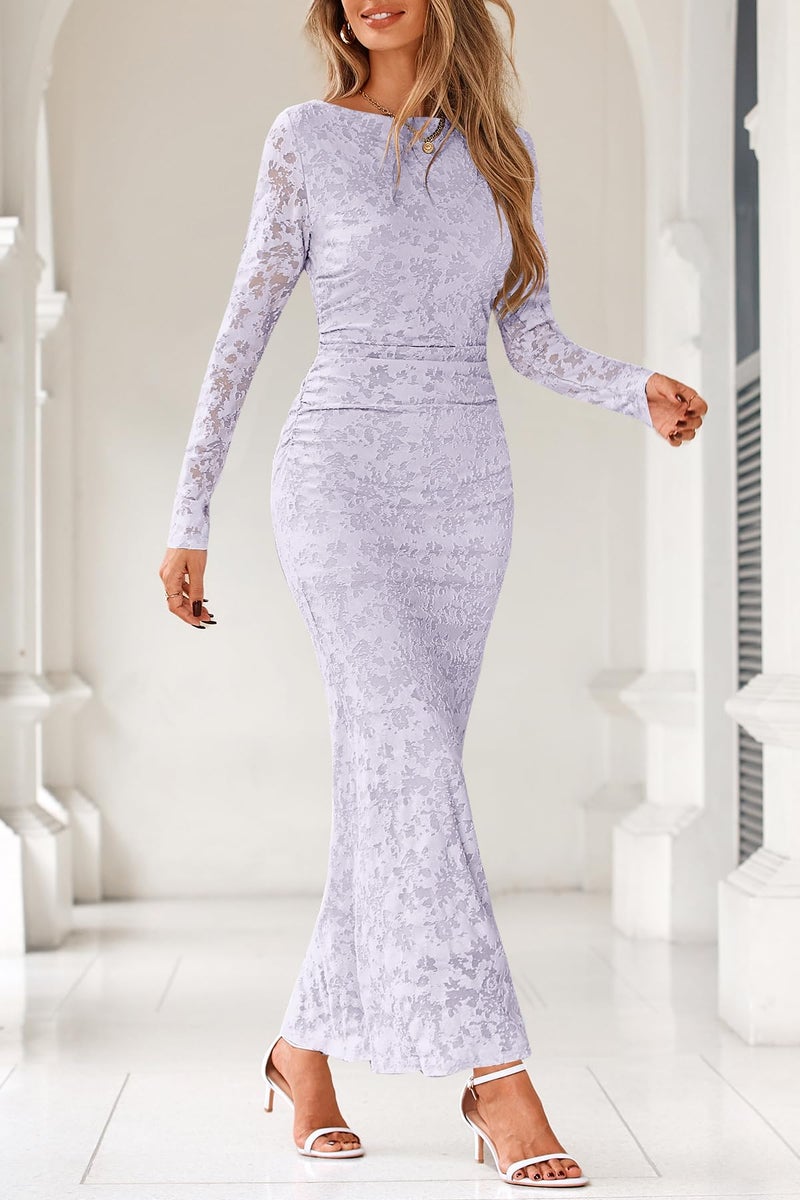 MITILLY Fall Long Sleeve Dress for Women 2026 Elegant Floral Bodycon Ruched Maxi Formal Wedding Guest Dresses Small Light Purple - Image 2