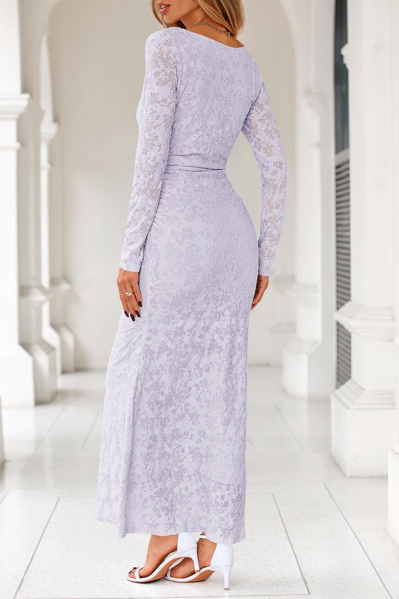 MITILLY Fall Long Sleeve Dress for Women 2026 Elegant Floral Bodycon Ruched Maxi Formal Wedding Guest Dresses Small Light Purple - Image 3