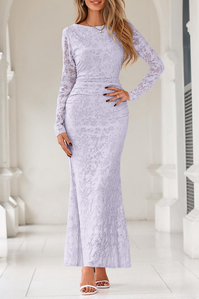 MITILLY Fall Long Sleeve Dress for Women 2026 Elegant Floral Bodycon Ruched Maxi Formal Wedding Guest Dresses Small Light Purple - Image 4