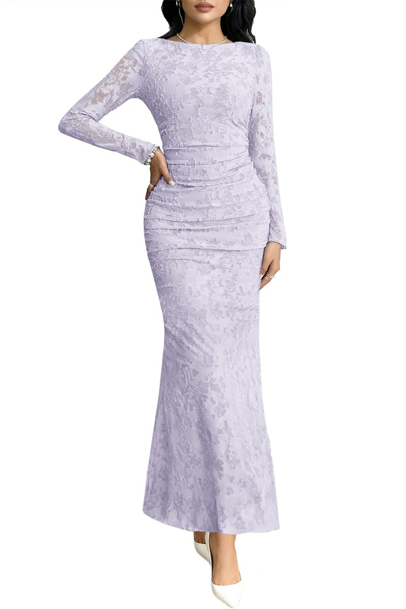 MITILLY Fall Long Sleeve Dress for Women 2026 Elegant Floral Bodycon Ruched Maxi Formal Wedding Guest Dresses Small Light Purple - Image 1
