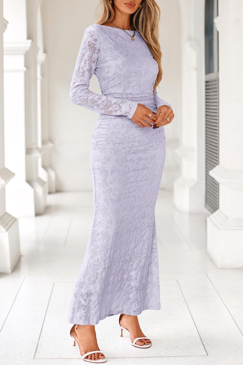 MITILLY Fall Long Sleeve Dress for Women 2026 Elegant Floral Bodycon Ruched Maxi Formal Wedding Guest Dresses Small Light Purple - Image 5