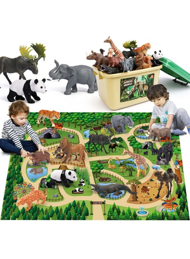 FRUSE Safari Animals Figures Toys w/ 57”x38.5”Jumbo Play Mat,12PCS Realistic Jungle Wild Zoo Animals Figurines Playset with Panda,Lion,Elephant,Educational Learning Toys for Toddlers Kids - Image 1