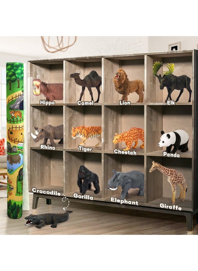FRUSE Safari Animals Figures Toys w/ 57”x38.5”Jumbo Play Mat,12PCS Realistic Jungle Wild Zoo Animals Figurines Playset with Panda,Lion,Elephant,Educational Learning Toys for Toddlers Kids - Image 3