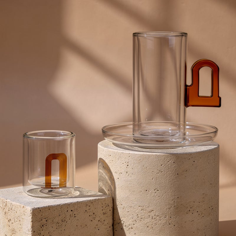 Tea & Coffee Serving Set – Masjid Arch Printed Double-Wall Cup with Accent Handle & Clear Saucer