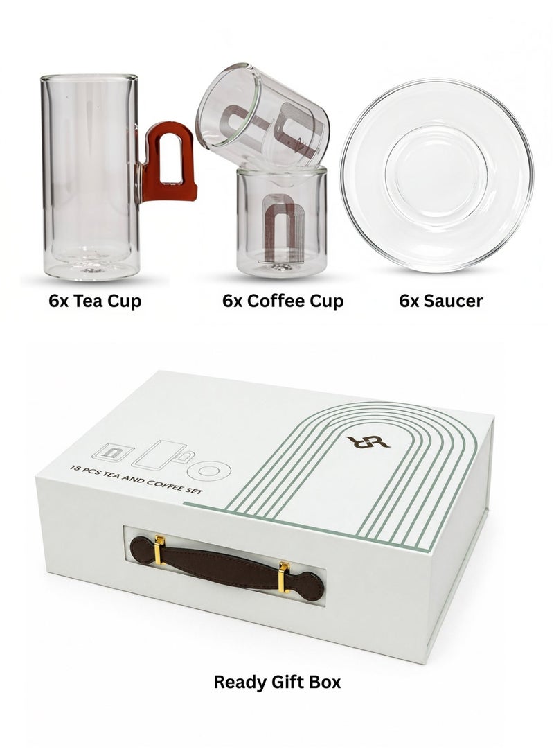 Raz 18 Pieces Tea & Coffee Serving Set – Masjid Arch Printed Double-Wall Cup with Accent Handle & Clear Saucer - Image 2