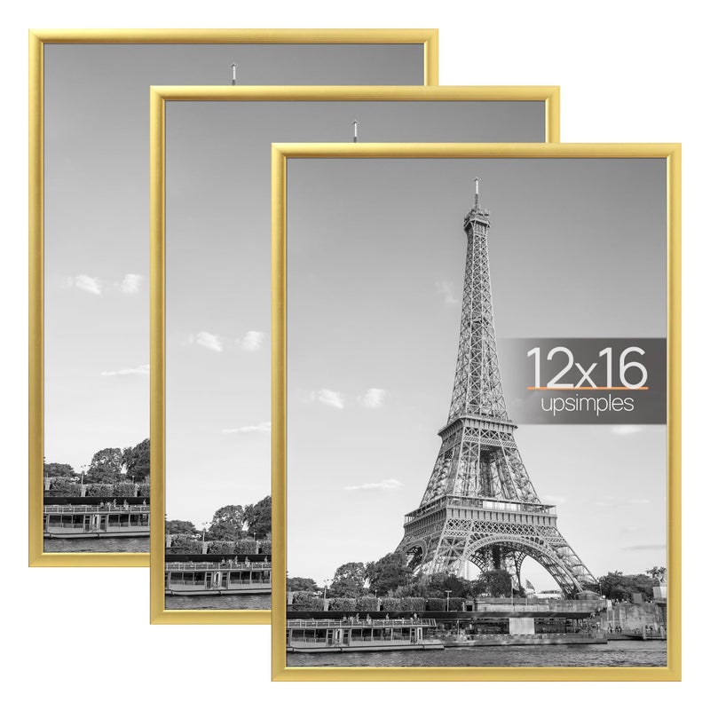 upsimples 12x16 Picture Frame Gold 3 Pack, Scratch-Proof Poster Frames 12 x 16 for Photo Gallery - Slide-In Strips, Horizontal or Vertical Wall Mounting - Image 1