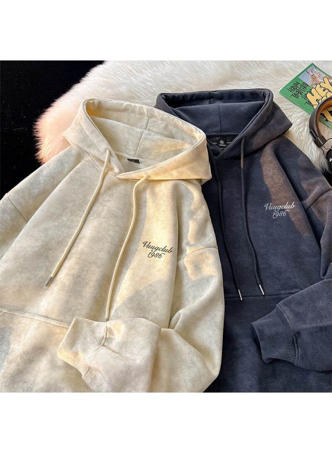 Vuug American Vintage Tie-dye Autumn Winter Casual Loose Fit Couple Hooded Fleece Sweatshirt Men 3XL Apricot Fleece-lined - Image 2