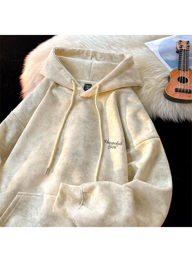 Vuug American Vintage Tie-dye Autumn Winter Casual Loose Fit Couple Hooded Fleece Sweatshirt Men 3XL Apricot Fleece-lined - Image 1