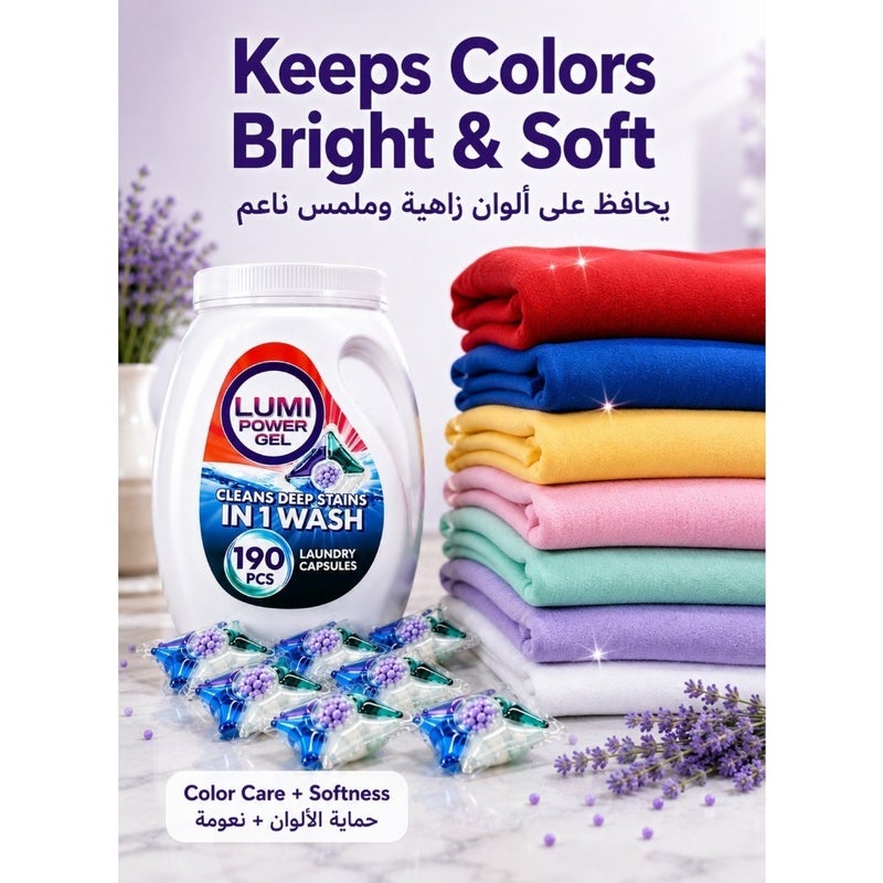 Lumi Power Gel 5-in-1 Laundry Detergent Pods and Capsules, 190 Count, Concentrated Liquid Detergent with Fabric Softener, Stain Remover, Color Care and Fresh Scent, for Front and Top Load Washing Machines, HE Compatible - Image 5