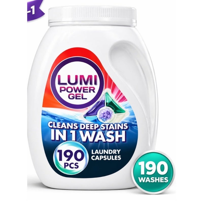 Lumi Power Gel 5-in-1 Laundry Detergent Pods and Capsules, 190 Count, Concentrated Liquid Detergent with Fabric Softener, Stain Remover, Color Care and Fresh Scent, for Front and Top Load Washing Machines, HE Compatible - Image 1
