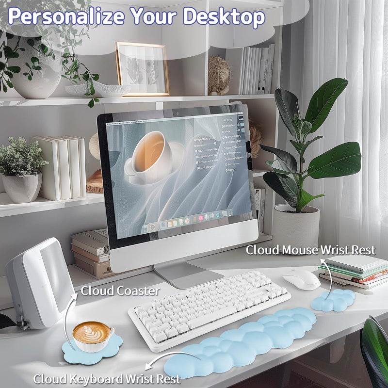 Sushret Cloud Wrist Rest Keyboard, Cloud Keyboard Wrist Pad Set with PU Leather Memory Foam, Cute Arm Rest for Palm Support, PC/Gaming Desk Accessories/Office Setup/Computer Hand Cushion - Blue - Image 2