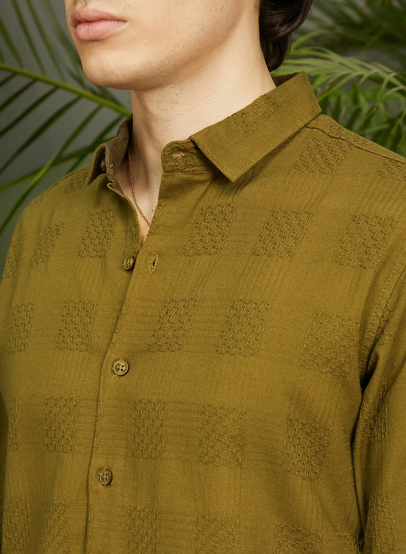 Campus Sutra Men's Khaki Green Hive-Checkered Shirt