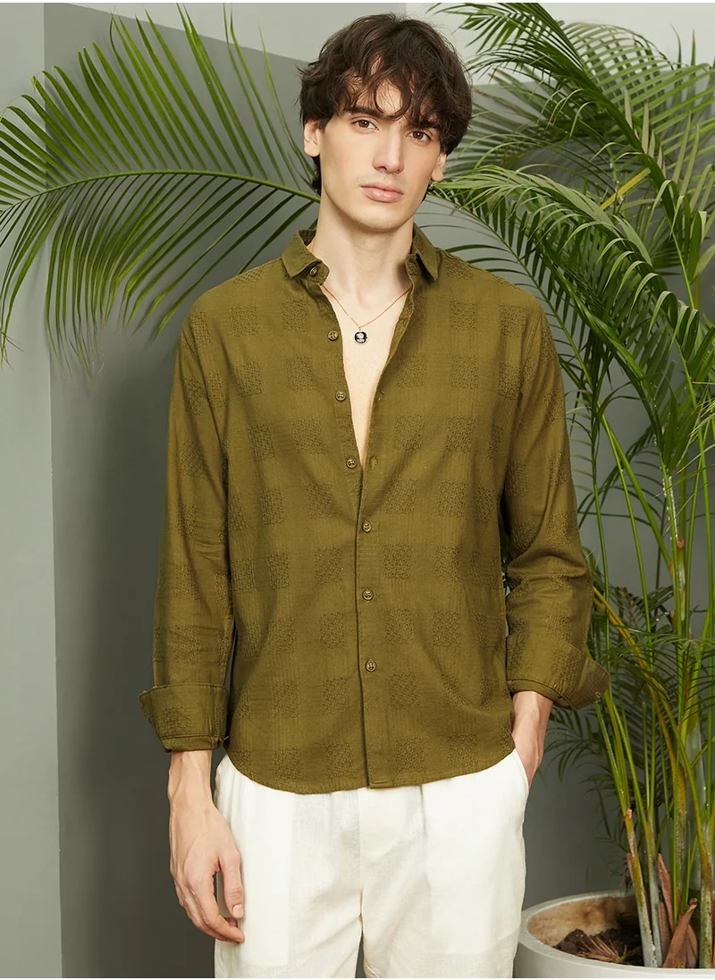 كامبوس سوترا Men's Khaki Green Hive-Checkered Shirt