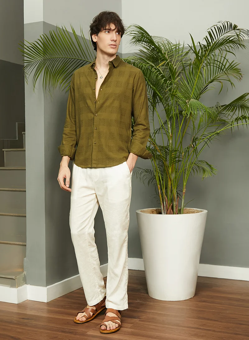 Campus Sutra Men's Khaki Green Hive-Checkered Shirt