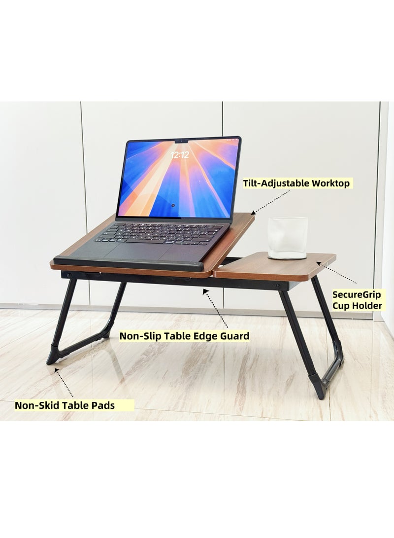 Adjustable Laptop Bed Tray Desk (Walnut) - Foldable Portable Standing Desk with Cup Holder for Bed, Couch, Floor Use for Home & Office - Image 1