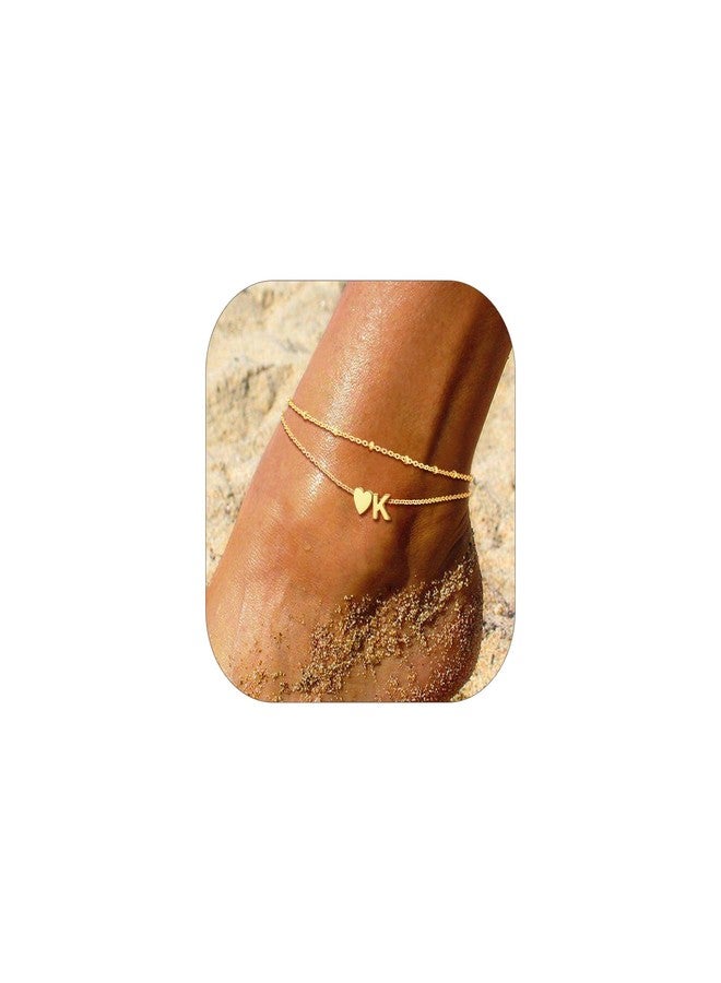 Suplight 14K Gold Ankle Bracelets for Women Stainless Steel Layered Dainty Foot Chain Initial Anklet with Beaded Anklets for Women Beach Waterproof Letter K (with Gift Box) - Image 1