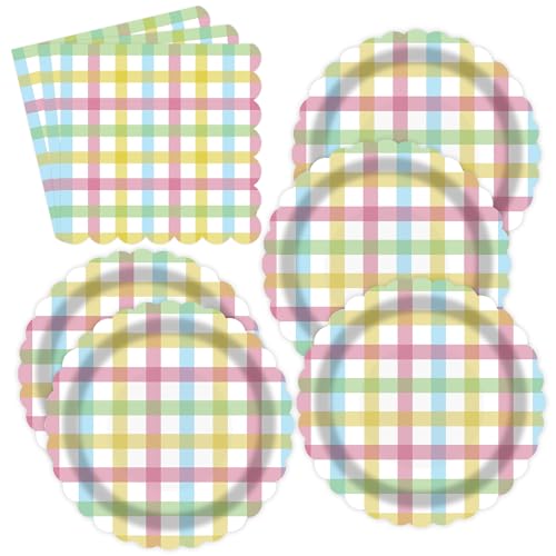 PUEVENYI 50PCS Easter Gingham Party Supplies - 7Inch Colorful Buffalo Plaid Scalloped Paper Plates and Napkins Set Disposable Dinner Cutlery for Easter Baby Shower Birthday Party, Serve 25 - Image 1