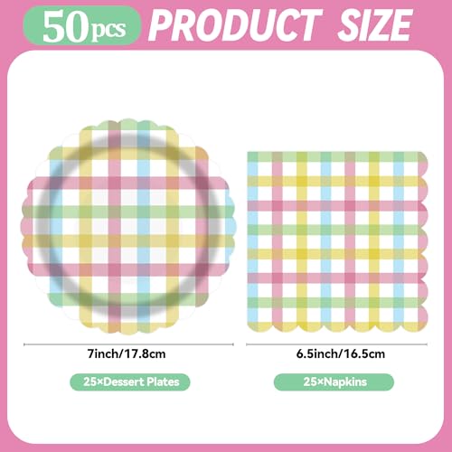 PUEVENYI 50PCS Easter Gingham Party Supplies - 7Inch Colorful Buffalo Plaid Scalloped Paper Plates and Napkins Set Disposable Dinner Cutlery for Easter Baby Shower Birthday Party, Serve 25 - Image 2