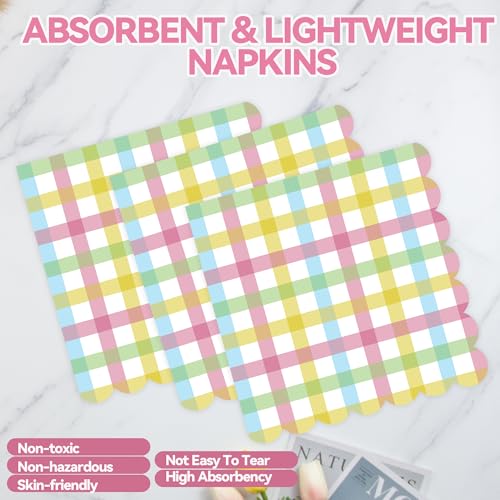 PUEVENYI 50PCS Easter Gingham Party Supplies - 7Inch Colorful Buffalo Plaid Scalloped Paper Plates and Napkins Set Disposable Dinner Cutlery for Easter Baby Shower Birthday Party, Serve 25 - Image 4