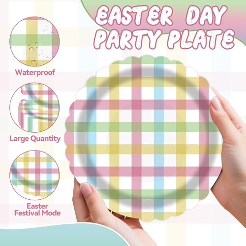 PUEVENYI 50PCS Easter Gingham Party Supplies - 7Inch Colorful Buffalo Plaid Scalloped Paper Plates and Napkins Set Disposable Dinner Cutlery for Easter Baby Shower Birthday Party, Serve 25 - Image 3