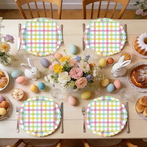 PUEVENYI 50PCS Easter Gingham Party Supplies - 7Inch Colorful Buffalo Plaid Scalloped Paper Plates and Napkins Set Disposable Dinner Cutlery for Easter Baby Shower Birthday Party, Serve 25 - Image 5