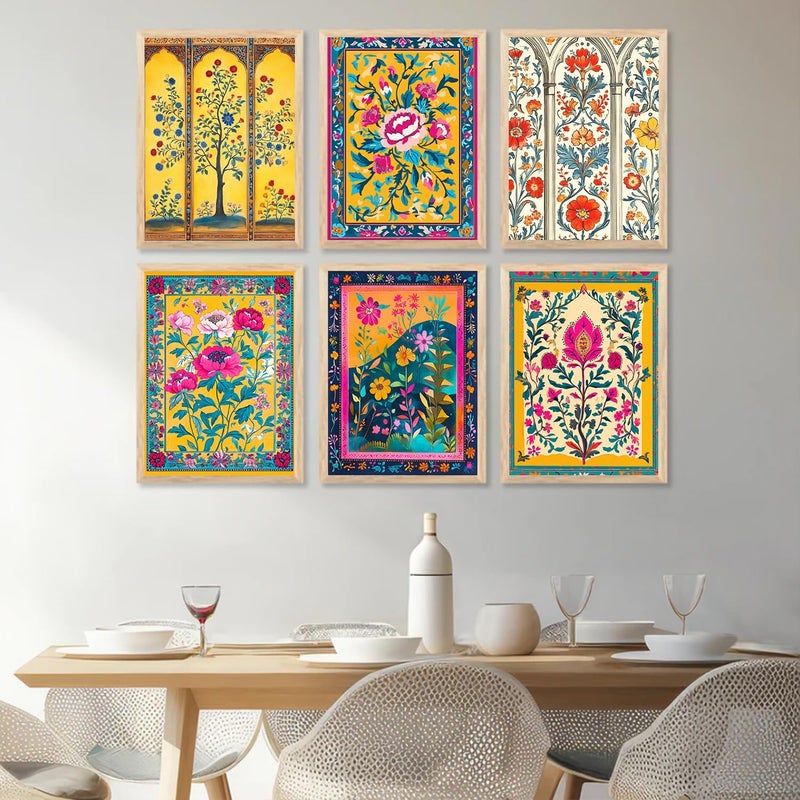 Traditional Indian Floral Wall Art Frames Set of 6 Madhubani Paintings Living Room Home Decor Multicolour 10 inch x 13 Art A 10x13 inch