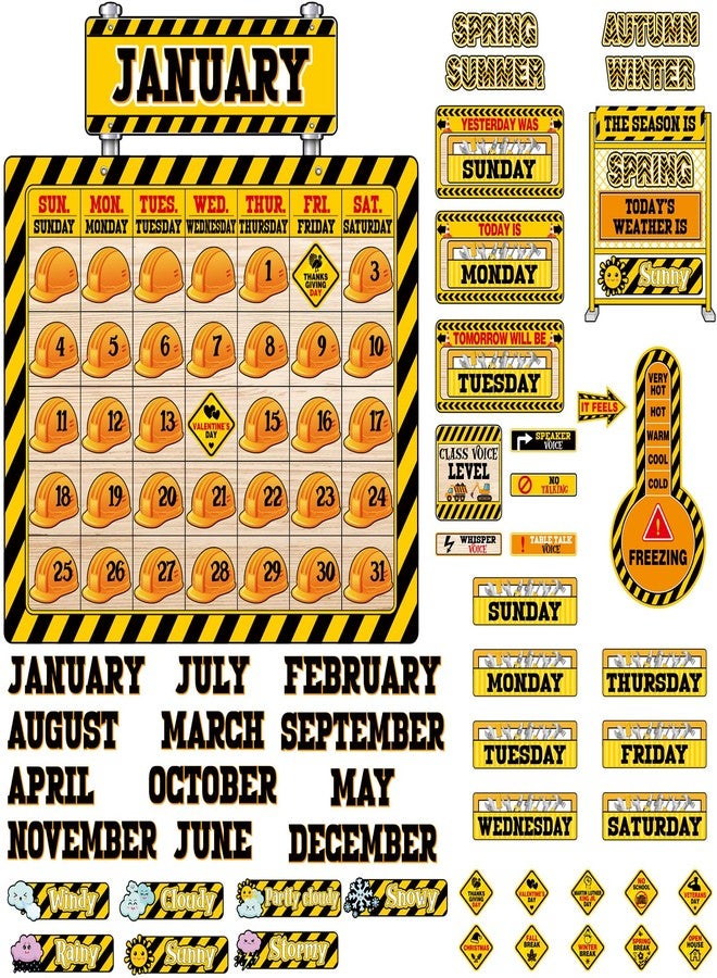 Funrous 87 Pcs Construction Classroom Calendar Set Bulletin Board Decorations with Weather Season Months Weeks Days Under Construction Theme Chart School Calendar for Classroom Elementary Preschool - Image 1