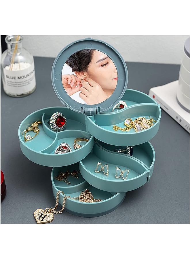 IAF Box, 4 Layer Rotating Jewelry Organizer Storage Box, Earring Holder Travel Jewelry Case Small Necklaces Ring Jewelry Box Organizer Tray with Mirror, Blue - Image 1
