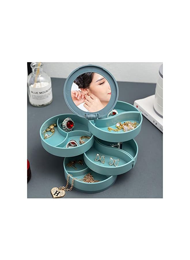 IAF Box, 4 Layer Rotating Jewelry Organizer Storage Box, Earring Holder Travel Jewelry Case Small Necklaces Ring Jewelry Box Organizer Tray with Mirror, Blue - Image 2