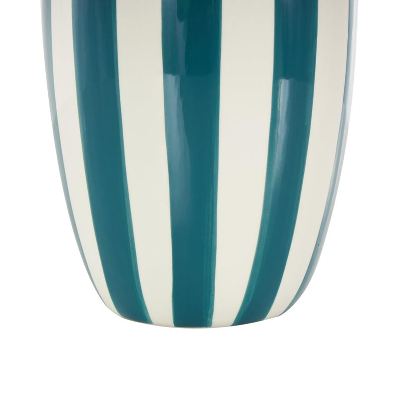 Deco 79 Ceramic Decorative Vase Round Wide Centerpiece Vase with Teal Vertical Stripes, Flower Vase for Home Decoration 6" x 6" x 10", White - Image 4