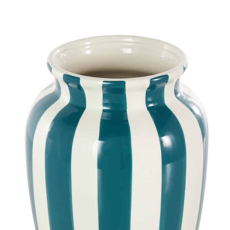 Deco 79 Ceramic Decorative Vase Round Wide Centerpiece Vase with Teal Vertical Stripes, Flower Vase for Home Decoration 6" x 6" x 10", White - Image 5