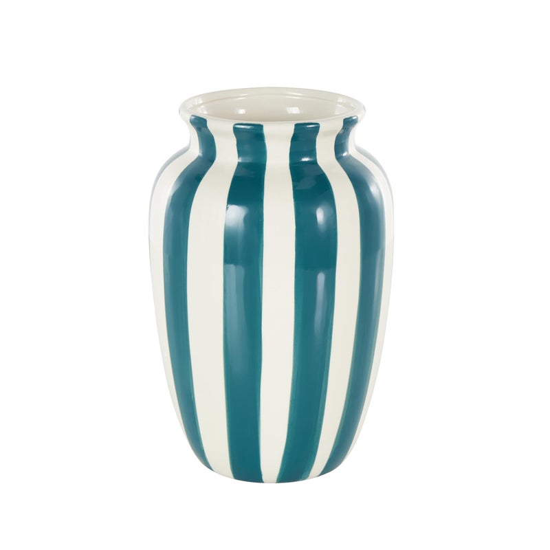 Deco 79 Ceramic Decorative Vase Round Wide Centerpiece Vase with Teal Vertical Stripes, Flower Vase for Home Decoration 6" x 6" x 10", White - Image 1