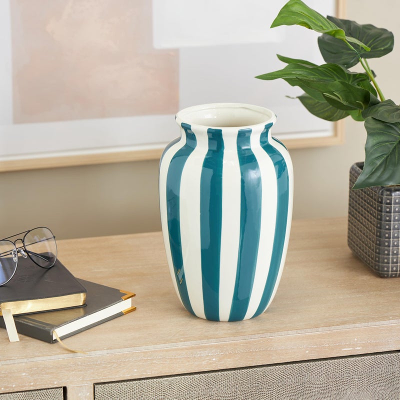 Deco 79 Ceramic Decorative Vase Round Wide Centerpiece Vase with Teal Vertical Stripes, Flower Vase for Home Decoration 6" x 6" x 10", White - Image 2
