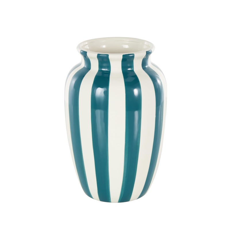 Deco 79 Ceramic Decorative Vase Round Wide Centerpiece Vase with Teal Vertical Stripes, Flower Vase for Home Decoration 6" x 6" x 10", White - Image 3