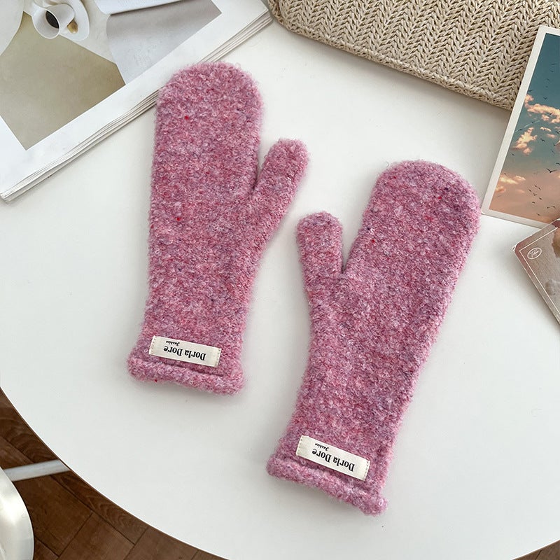 Casual new solid color personalized plush warm mittens winter cold-proof comfortable printed woven label curly gloves Purple pink