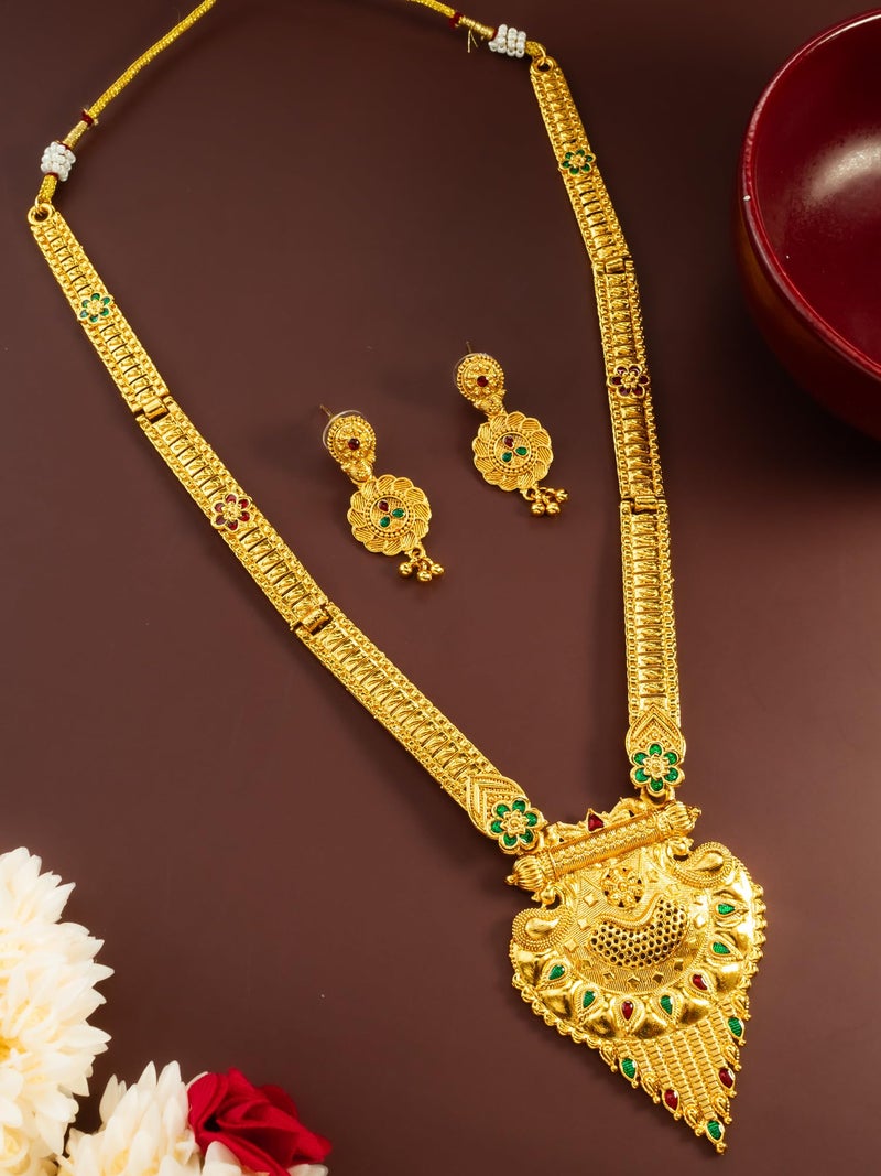 Bevogue Traditional Temple Necklace Set with Lakshmi Pendant and Earrings, Gold-Plated Brass, Green and Red Stones(NK4814) - Image 2