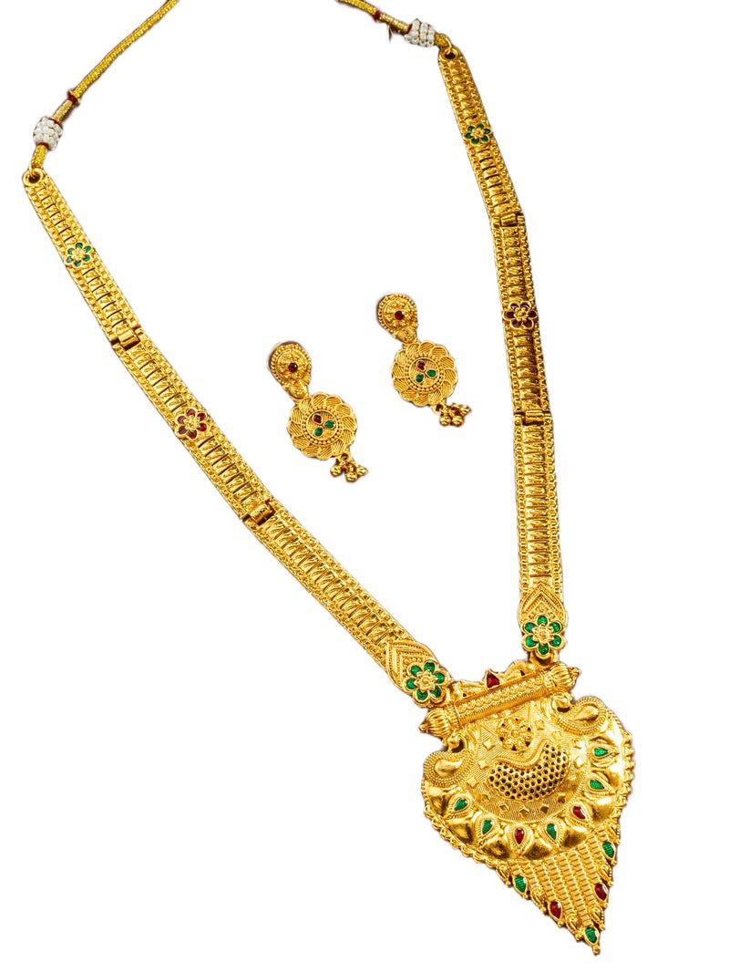 Bevogue Traditional Temple Necklace Set with Lakshmi Pendant and Earrings, Gold-Plated Brass, Green and Red Stones(NK4814) - Image 1
