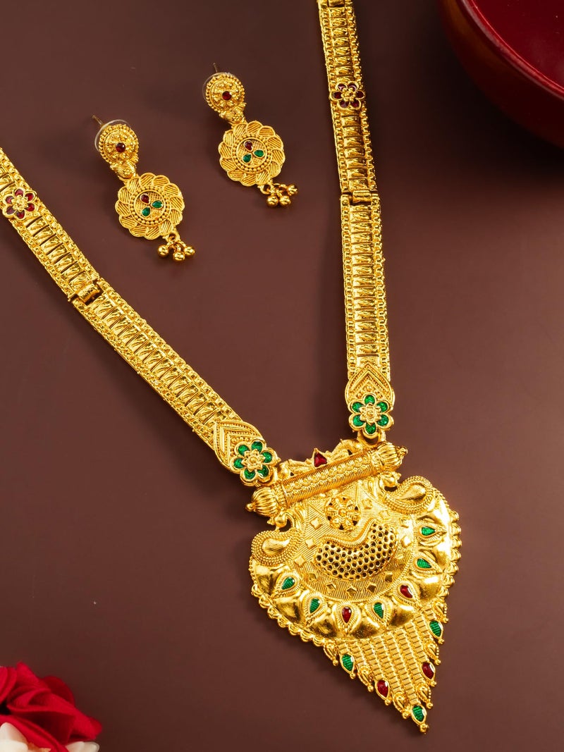 Bevogue Traditional Temple Necklace Set with Lakshmi Pendant and Earrings, Gold-Plated Brass, Green and Red Stones(NK4814) - Image 3