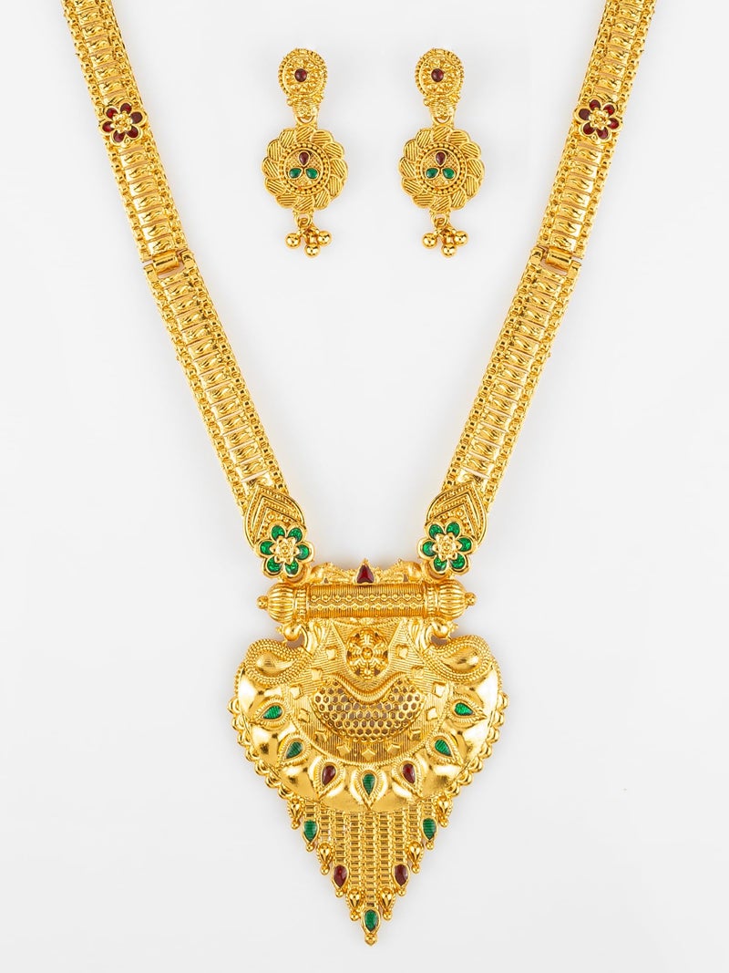 Bevogue Traditional Temple Necklace Set with Lakshmi Pendant and Earrings, Gold-Plated Brass, Green and Red Stones(NK4814) - Image 5