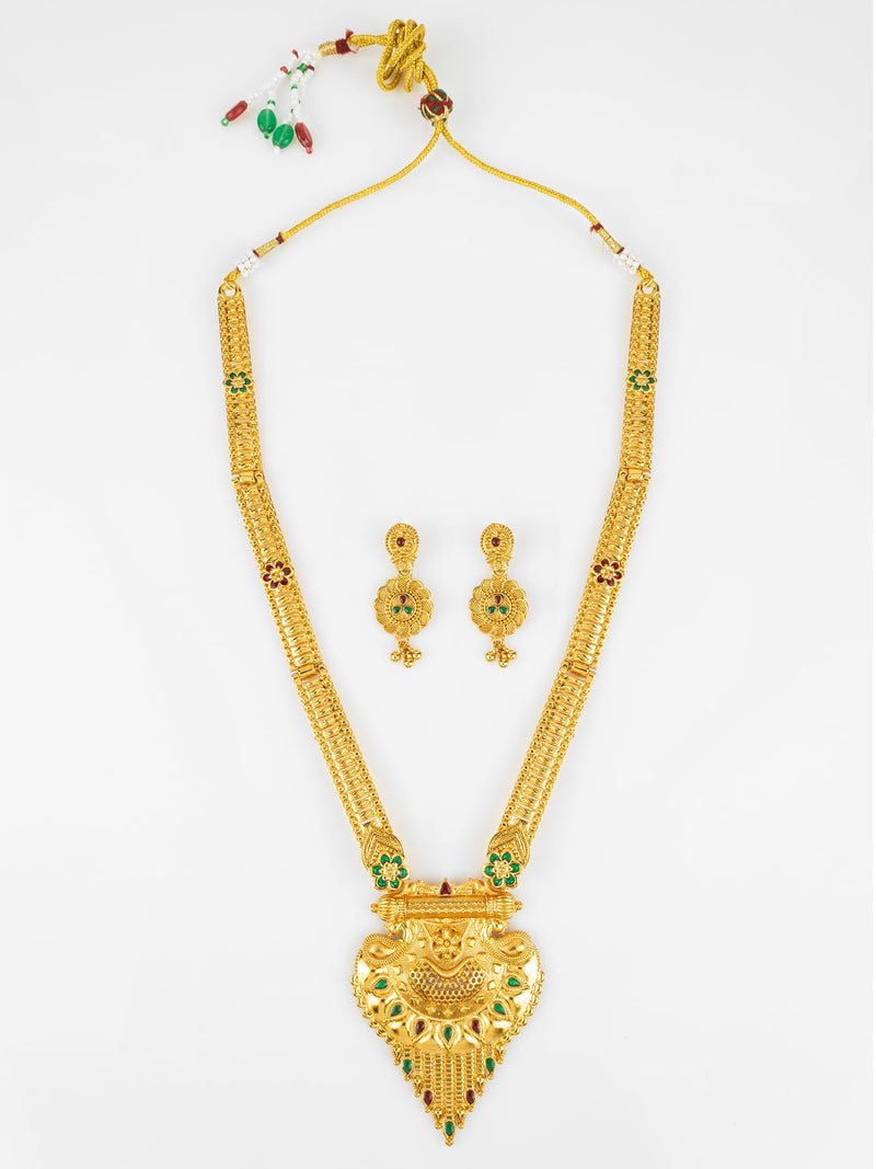 Bevogue Traditional Temple Necklace Set with Lakshmi Pendant and Earrings, Gold-Plated Brass, Green and Red Stones(NK4814) - Image 4