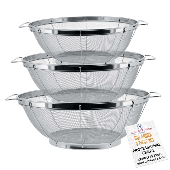 U.S. Kitchen Supply - 3 Piece Colander Set - Stainless Steel Mesh Strainer Net Baskets with Handles & Resting Base - 11" 5 Quart, 9.5" 4 Quart and 8.5" 3 Quart - Strain, Drain, Rinse, Steam or Cook - Image 1