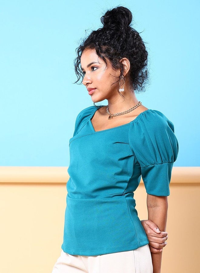 Freehand Women Turquoise Puff Sleeve Top - Image 3
