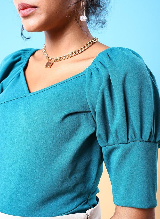 Freehand Women Turquoise Puff Sleeve Top - Image 2
