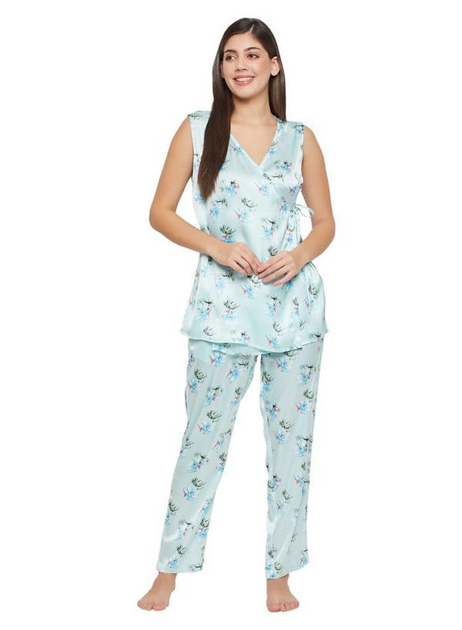 Clovia Women's Satin Printed Top & Pyjama Set (LS5724R03_Blue_L)-L - Image 1